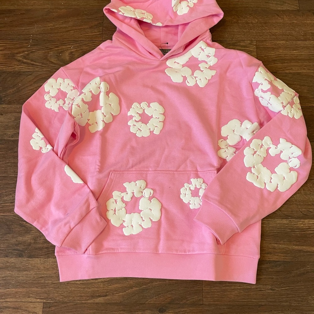 Pink Hoodie with White Floral Design